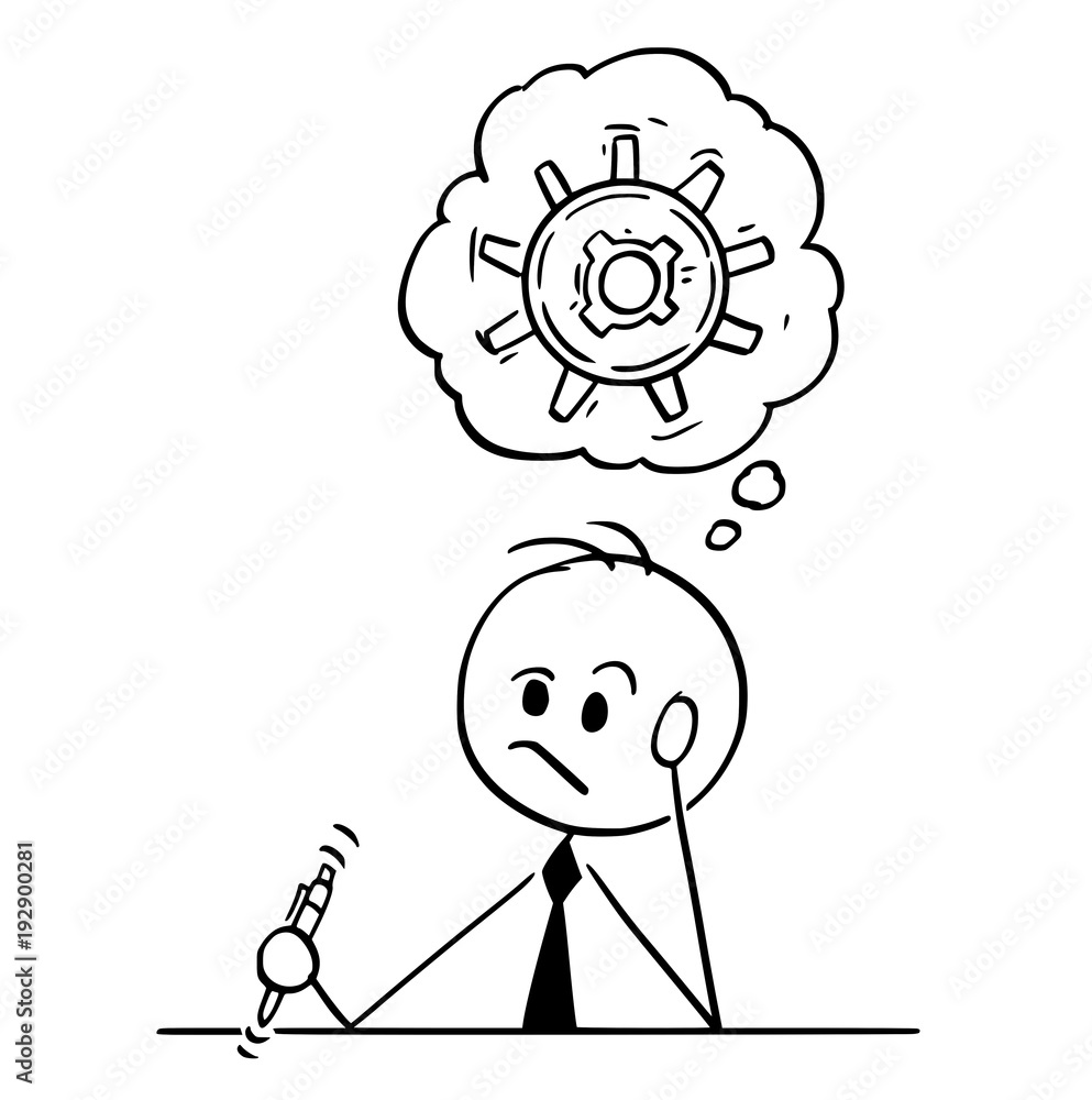 Cartoon stick man drawing conceptual illustration of businessman thinking  hard trying to find problem solution. Stock Vector | Adobe Stock