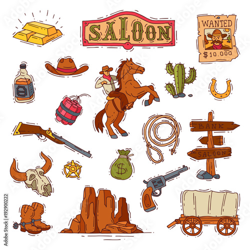 Wild west vector western cowboy or sheriff in wildlife desert with cactus illustration wildly character in hat with gun on rodeo set isolated on white background