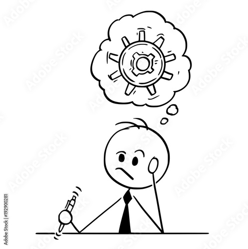 Cartoon stick man drawing conceptual illustration of businessman thinking hard trying to find problem solution.