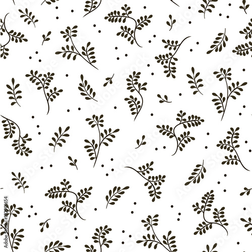 Floral seamless black pattern with twigs, polka dots. Vector.