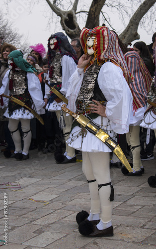 NAOUSSA, GREECE - FEBRUARY 18, 2018: The ancient custom of Genitsari and Boules. A dance-event taking place every year at the town of Naoussa, in Northern Greece, during the period of the carnival.