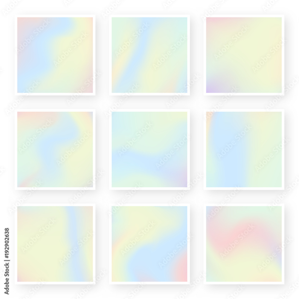 Holographic background set in 80s - 90s style. Vibrant hologram frames with gradient in pastel colors