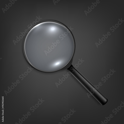 Photo-realistic vector 3d black magnifying glass or Loup icon closeup on black background. Design template for graphics