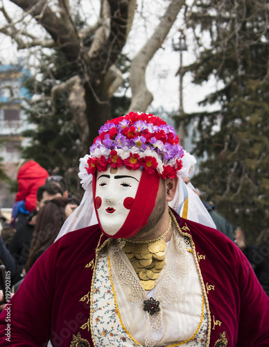 NAOUSSA, GREECE - FEBRUARY 18, 2018: The ancient custom of Genitsari and Boules. A dance-event taking place every year at the town of Naoussa, in Northern Greece, during the period of the carnival.