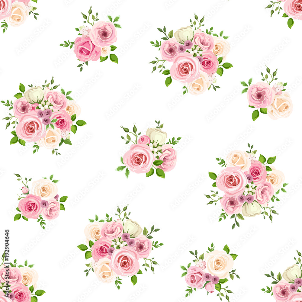Vector seamless pattern with pink and white roses on a white background.