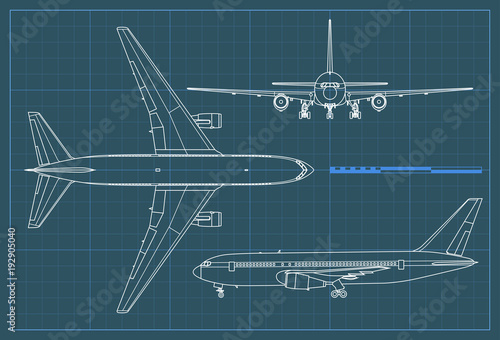 Industrial blueprint of airplane. Vector outline drawing plane on a blue background. Top, side and front view.