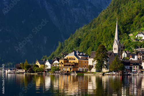 View of Hallstatt Village and Evangelical Church in the Morning, Hallstatt, Austria