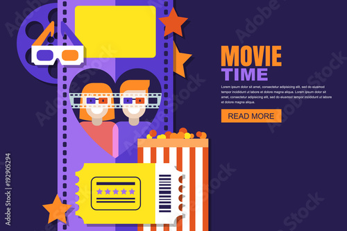 Movie time, date at the cinema vector flat illustration. Happy couple in 3d glasses in heart shape frame of film. Design for cinema festival poster, sale tickets banner, flyer, coupon.