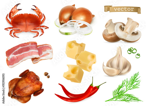 Food flavors and seasonings for snacks, natural additives, spice and other taste in cooking. 3d realistic vector icon set