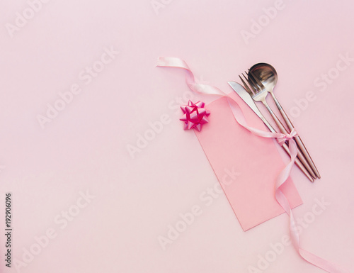 Flat lay table setting background with card
