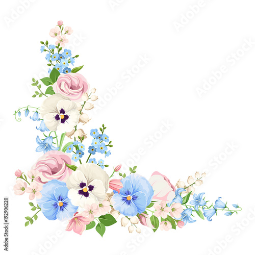 Vector corner background with pink, blue and white spring flowers.