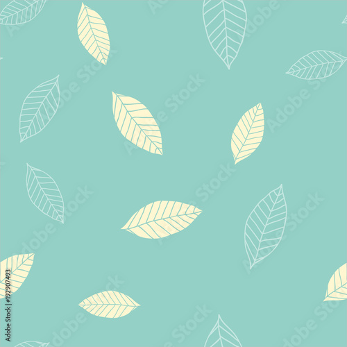 Seamless pattern with beige leaves on blue green background  vector