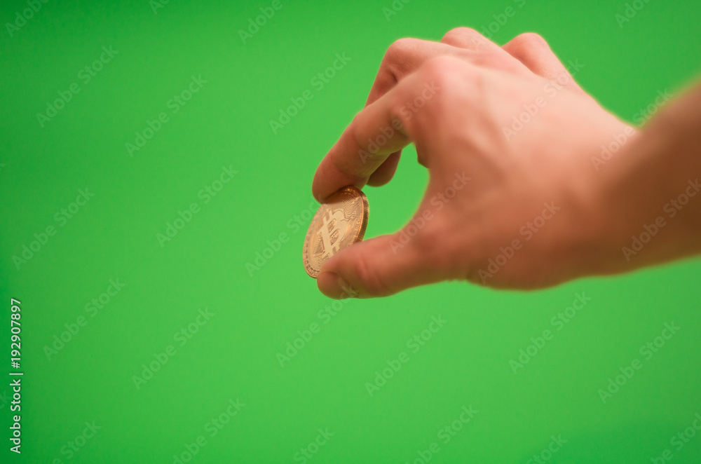 Fototapeta premium Man's hand holding golden Bitcoin cryptocurrency coin on green background - chroma key / blue box / green screen
