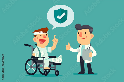 injured man in wheelchair with insurance coverage talking with doctor