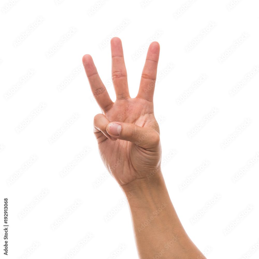 Men hand showing the number three over white background, include clipping path Men hand showing the number three over white background, include clipping path