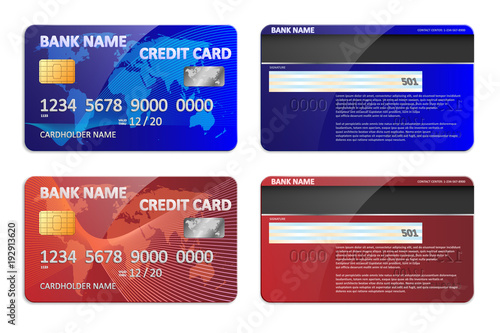 Realistic blue and red bank credit card template isolated. Bank plastic credit card mockup with colorful abstract design and world map for banking. Vector illustration