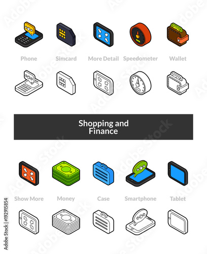 Set of isometric icons in otline style, colored and black versions