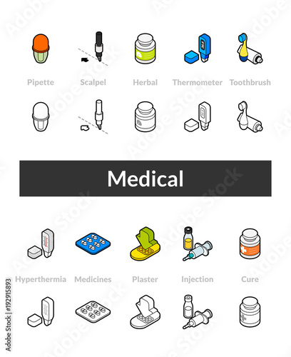 Set of isometric icons in otline style, colored and black versions