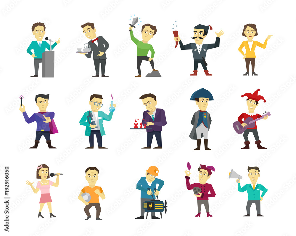 Set of different character design. Speaker politician and many others. Flat color vector illustration stock clipart isolated Set of different character design. Speaker politician and many others. Flat color vector illustration stock clipart isolated