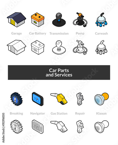 Set of isometric icons in otline style, colored and black versions