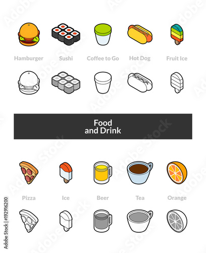 Set of isometric icons in otline style  colored and black versions