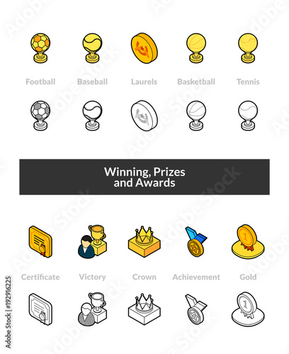 Set of isometric icons in otline style, colored and black versions