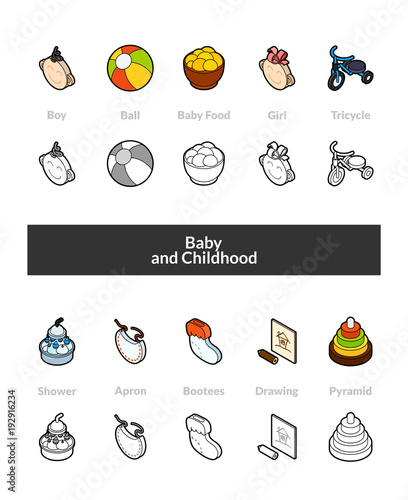 Set of isometric icons in otline style, colored and black versions