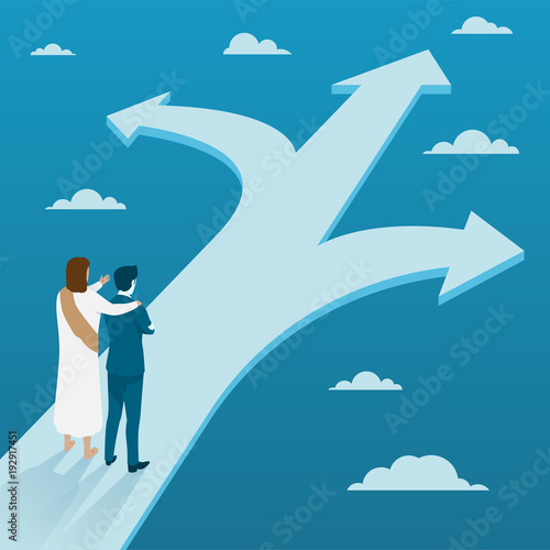 Jesus Christ Guiding Businessman to Making Decision on Three Different Ways, Flat Vector Business 