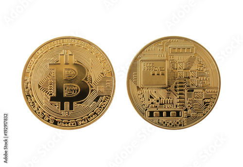 Bitcoin currency of Gold medal isolated on white background.