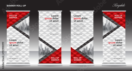 Red Roll Up Banner template vector illustration, polygon background, stand design, display, advertisement, x-banner, j-flag, pull up, business flyer layout, printing media for exhibition, events