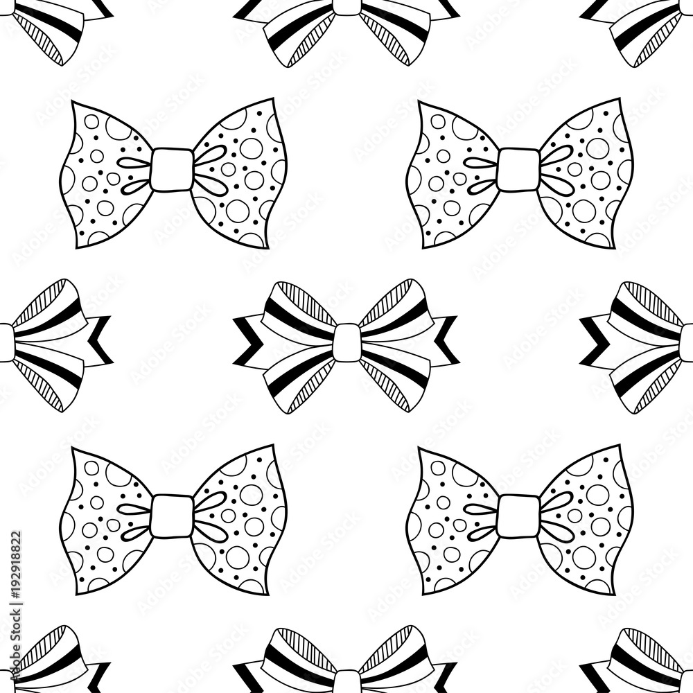 Bows. Black and white illustration, seamless pattern for coloring pages. Decorative and festive background. Bows. Black and white illustration, seamless pattern for coloring pages. Decorative and festive background.