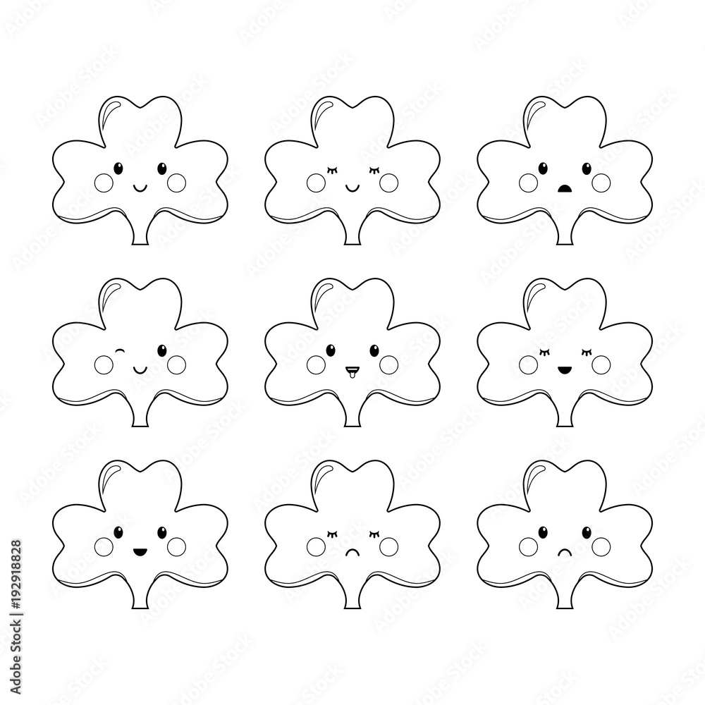 Fototapeta premium Clover, emoticons or emoji. Characters for St. Patricks day. Black and white illustration for coloring. Digital stamps.