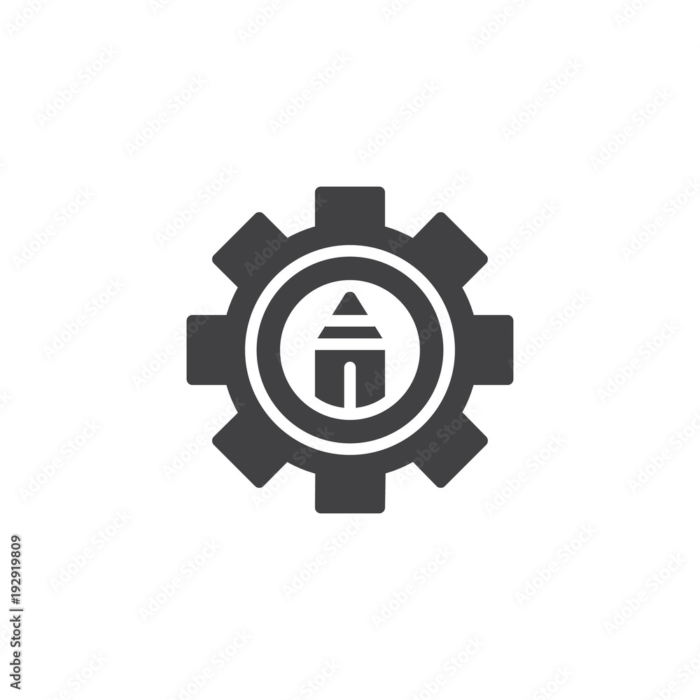 Pencil in gear vector icon. filled flat sign for mobile concept and web design. Design settings simple solid icon. Symbol, logo illustration. Pixel perfect vector graphics Pencil in gear vector icon. filled flat sign for mobile concept and web design. Design settings simple solid icon. Symbol, logo illustration. Pixel perfect vector graphics