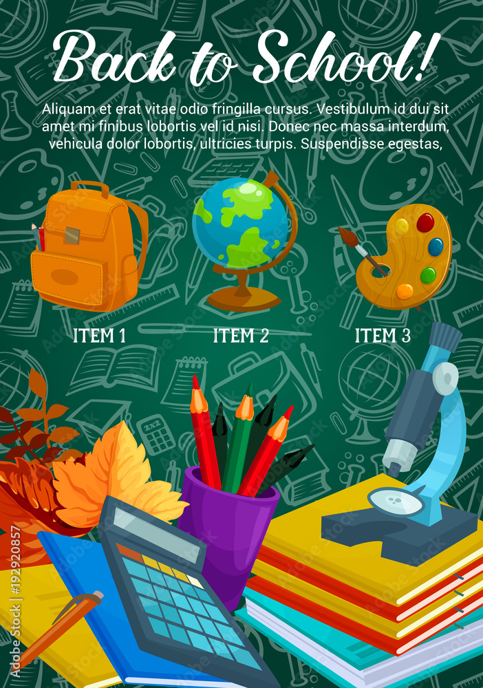 Obraz premium Back to School vector stationery sale poster