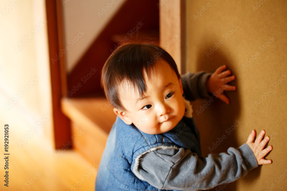 壁伝いで歩く男の子の赤ちゃん Stock 写真 Adobe Stock