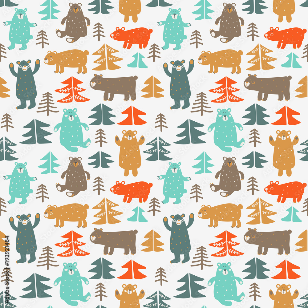 Funny animal seamless pattern made of cute bears in forest