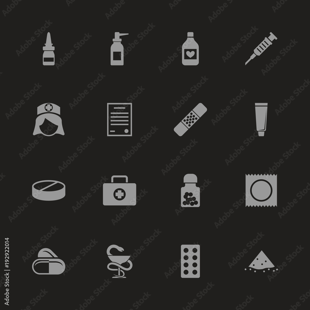 Pharmacy icons - Gray symbol on black background. Simple illustration. Flat Vector Icon.