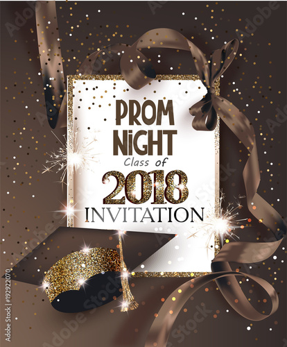 PROM NIGHT 2018 with hat, ribbon, golden frame and confetti. Vector illustration