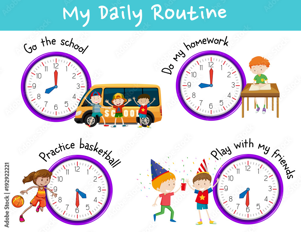 Daily routine for kids with clock and activities Stock Vector | Adobe Stock