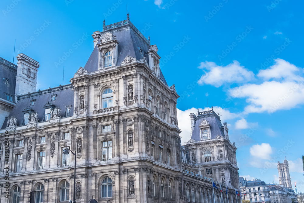 Paris, the city hall, place de l’Hotel de Ville, beautiful parisian monument, with the Saint-Jacques tower in background
