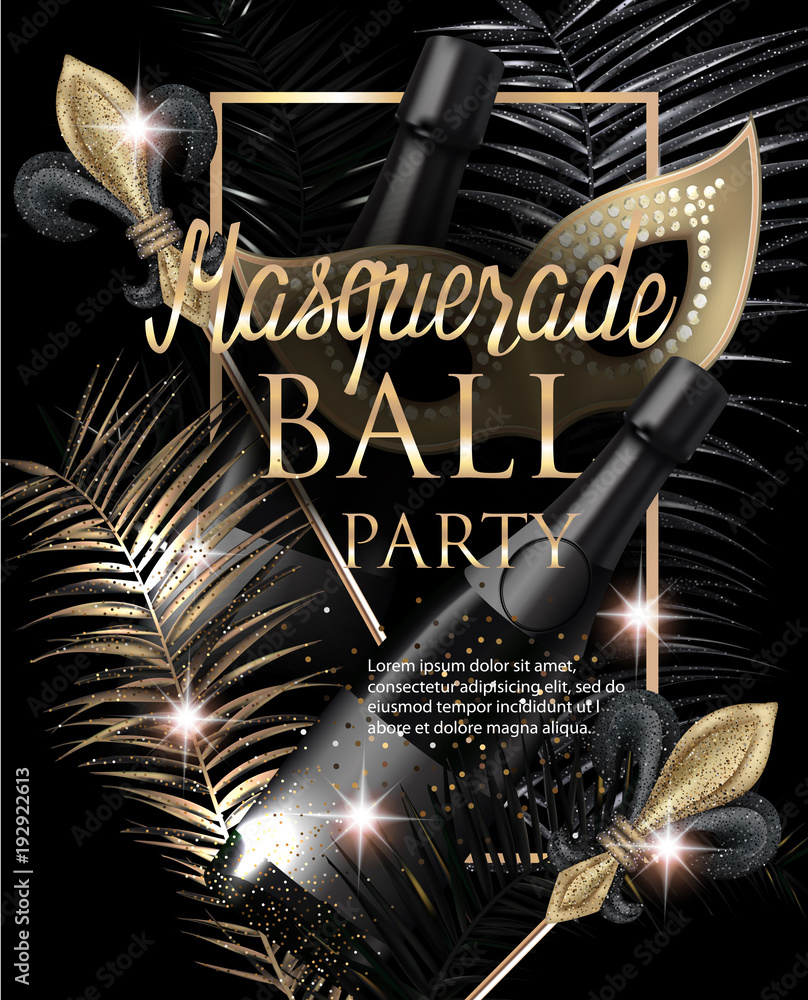 MASQUERADE PARTY INVITATION CARD WITH CARNIVAL DECO OBJECTS. GOLD AND BLACK. VECTOR ILLUSTRATION[Converted] - obrazy, fototapety, plakaty 