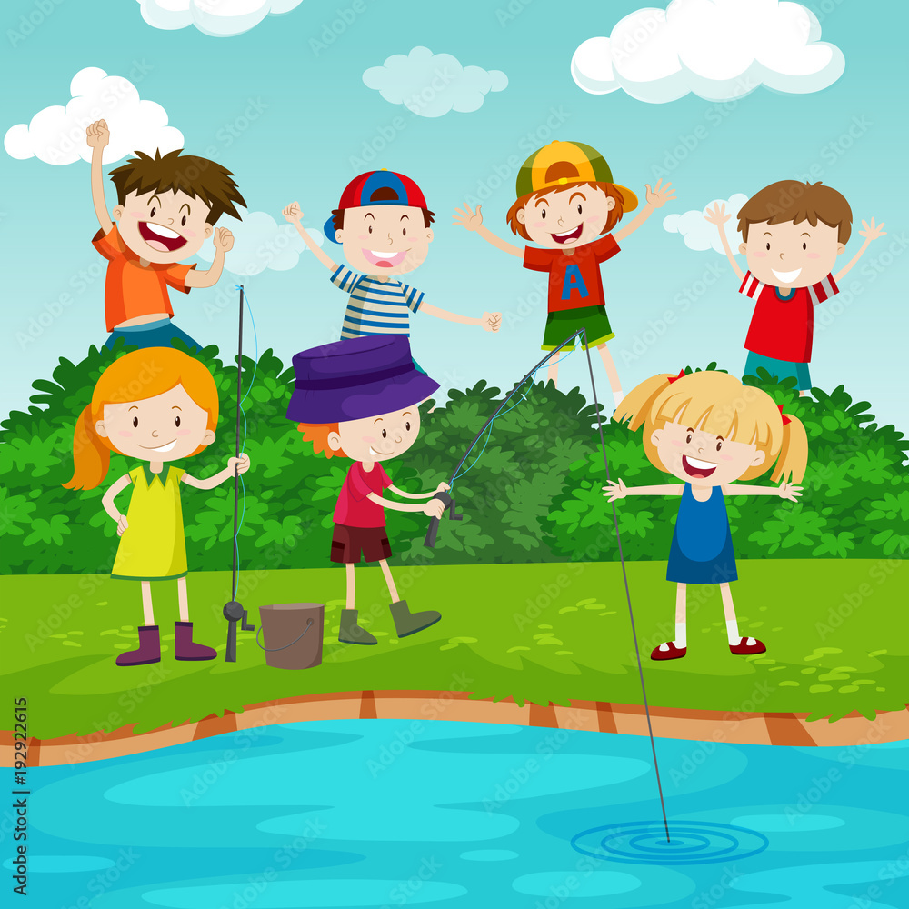 Happy children fishing in the park