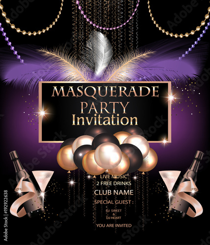 MASQUERADE PARTY INVITATION CARD WITH CARNIVAL PARTY DECO OBJECTS. VECTOR ILLUSTRATION