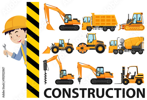 Worker and construction trucks
