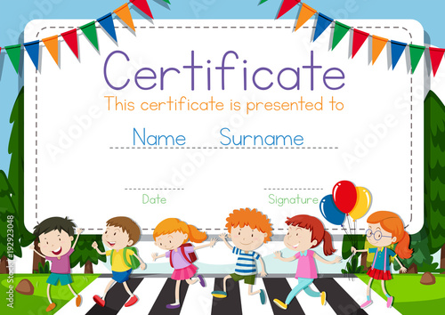 Certificate template with children crossing road background