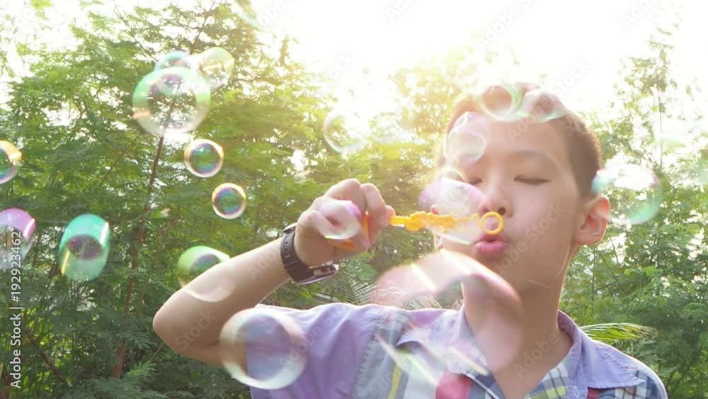 Young asian boy blowing soap bubbles in park
Young asian boy blowing soap bubbles in park