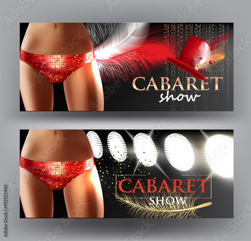 CABARET SHOW INVITATION CARD WITH YOUNG WOMEN IN PANTIES, FEATHERS AND SPOTLIGHTS. VECTOR ILLUSTRATION