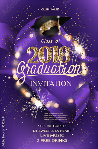 Graduation 2018 party invitation purple card with hat, bokeh frame with sparklers and silk ribbon. Vector illustration