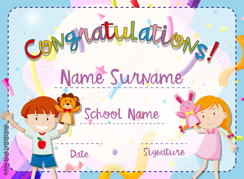 Certificate template with boy and girl