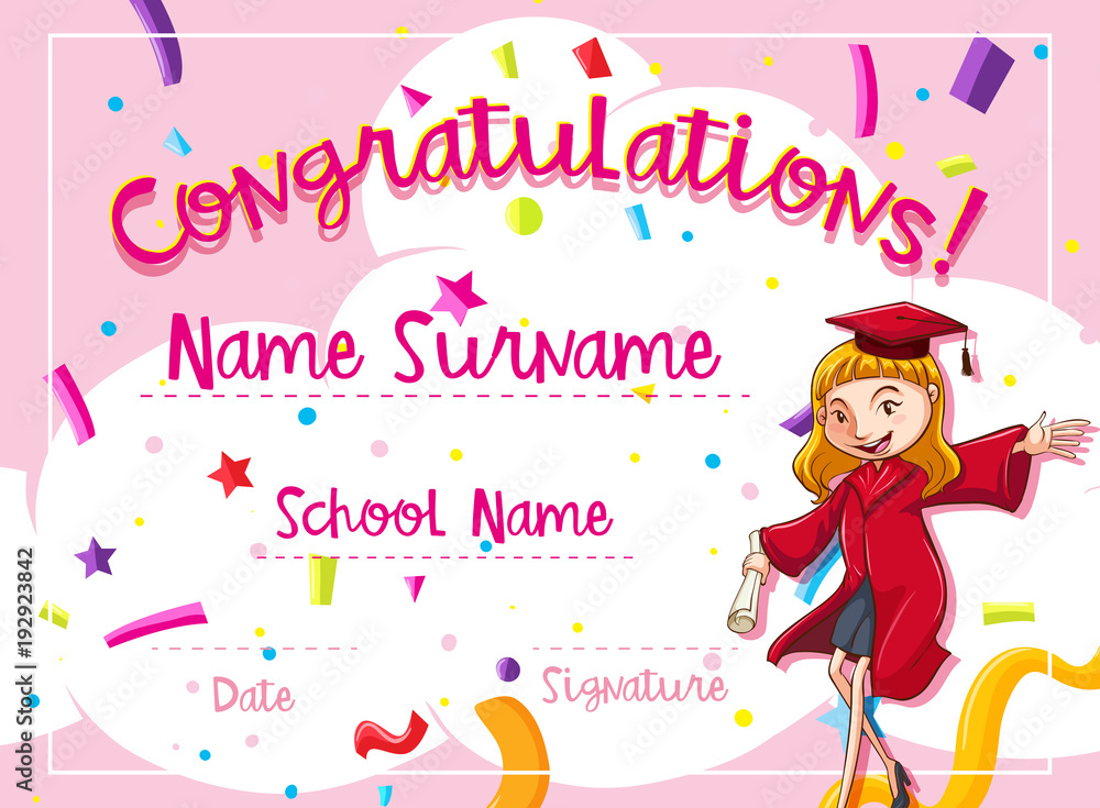 Certificate template with woman in red graduation gown Certificate template with woman in red graduation gown